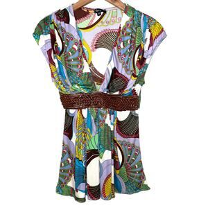 Sky Peacock Print Leather Braided Belt Silk Sleeveless Top Size XS